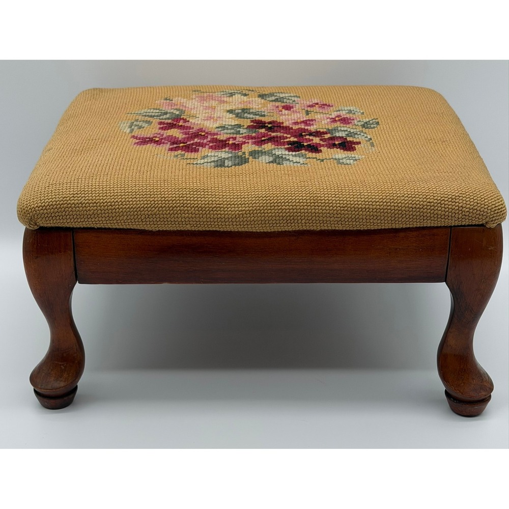 Vintage Millersburg Products Co Floral Needlepoint Footstool Wood Ottoman 1950s